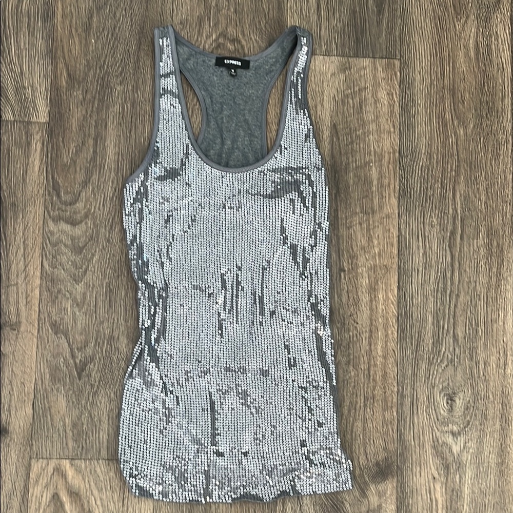Express Gray Sequin Fitted Sleeveless Tank Top
